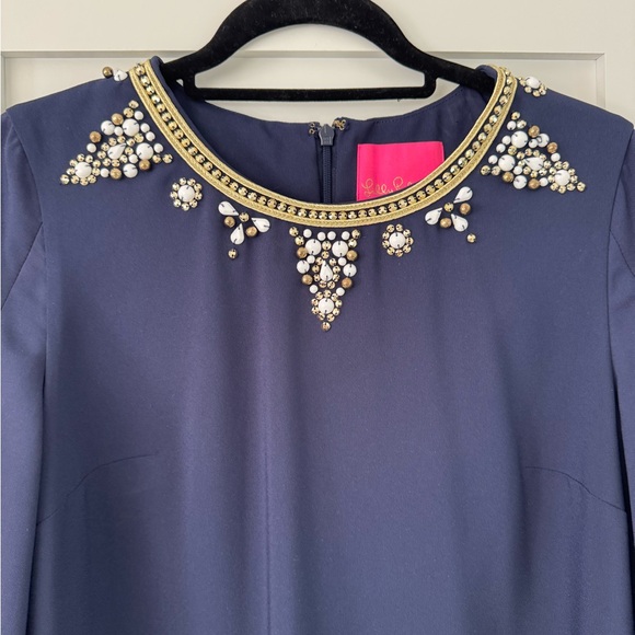 Lilly Pulitzer Anastasia Stretch Shift Dress True Navy Beaded Neckline - Picture 6 of 9